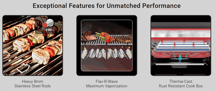 Broil King Baron Island Series BBQ grill with heavy 8mm stainless steel rods, Flav-R-Wave vaporization, and Therma-Cast rust-resistant cook box features.