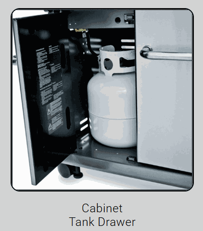 Broil King Baron 590i outdoor island grill cabinet with propane tank storage and pull-out waste drawer