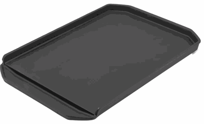 Cast iron plancha griddle with tall sides and front grease trough, compatible with Broil King grills, matte porcelain finish