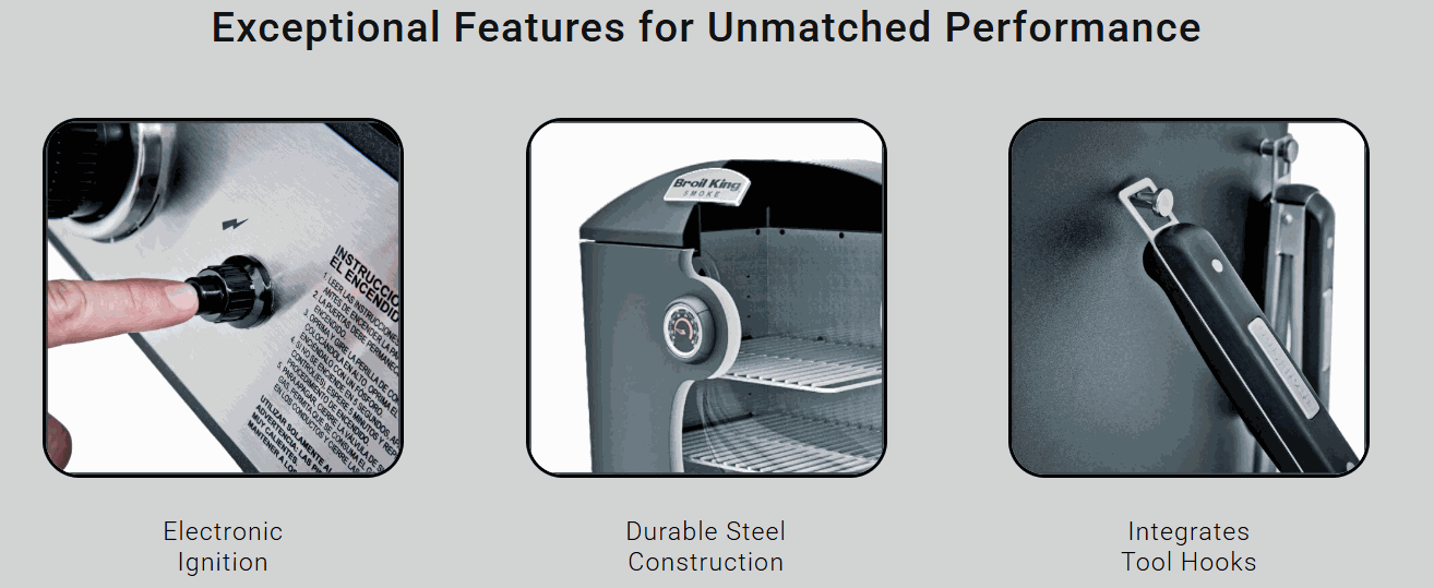 Broil King charcoal cabinet smoker with electronic ignition, durable steel construction, and integrated tool hooks.