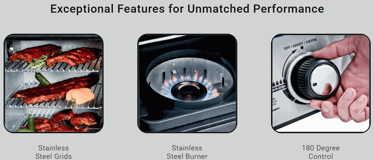 Charcoal cabinet smoker with stainless steel grids, burner, and 180-degree control knob for precise cooking.