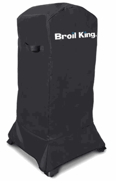 Broil King charcoal cabinet smoker covered with black protective cover showing logo and handles.