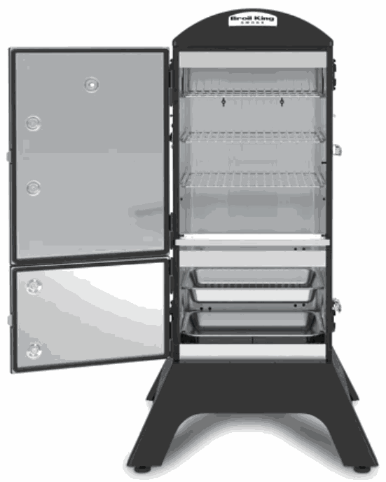 Broil King charcoal cabinet smoker with four adjustable stainless steel grids and dual doors, featuring Sure-Lite ignition and Roto-Draft damper system.