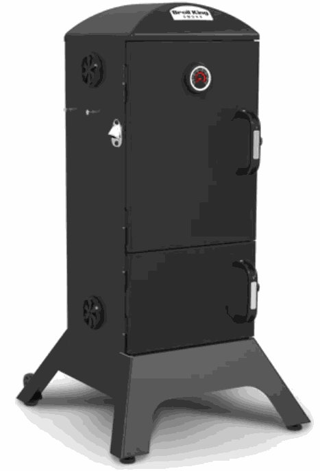 Broil King charcoal cabinet smoker with four adjustable cooking grids and Sure-Lite electronic ignition system, includes free cover with purchase