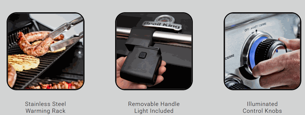 Broil King Regal S 520 stainless steel built-in grill with five burners, warming rack, removable handle light, and illuminated control knobs.