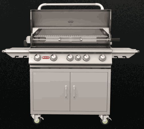 Brahma 38-inch 5-burner stainless steel grill with heavy duty cart, double doors, side shelves, and locking casters.