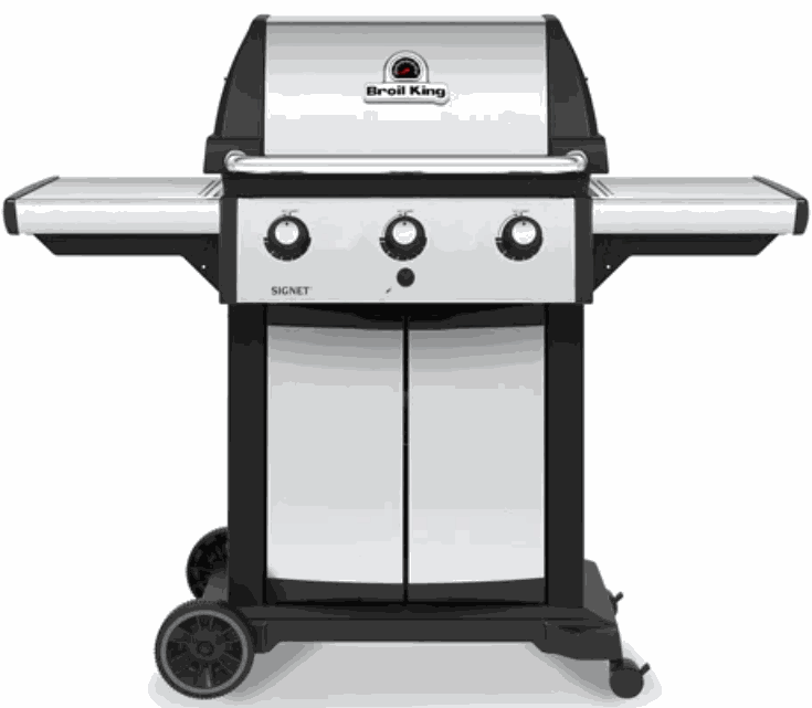 Broil King Signet 320 gas grill with stainless steel lid and cabinet, three burners, heavy-duty cast iron grids, side shelves, and wheels with included cover