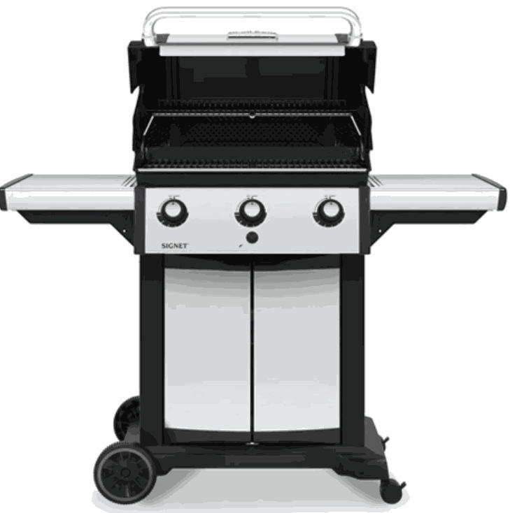 Broil King Signet 320 gas grill with stainless steel burners, cast iron cooking grids, dual side shelves, and enclosed cabinet base with wheels