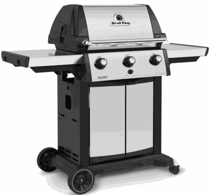 Broil King Signet 320 stainless steel gas grill with three burners and side shelves