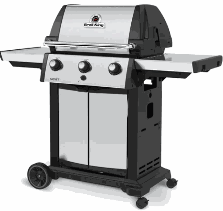 Broil King Signet 320 stainless steel gas grill with 3 burners and side shelves