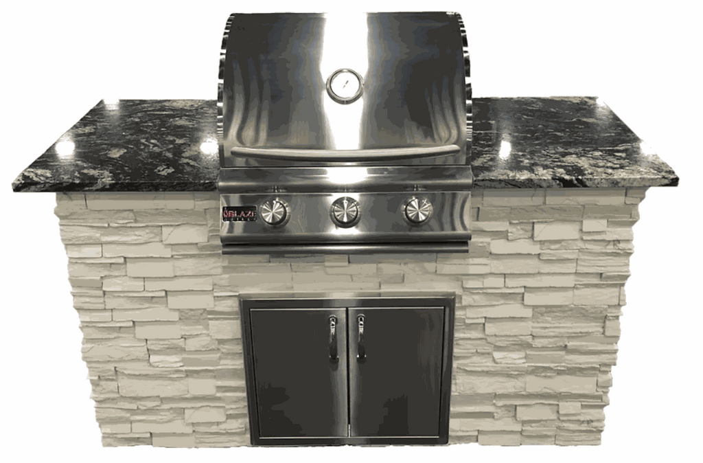 5-foot Outdoor Kitchen Deluxe Island with granite countertops, Blaze three-burner grill, and double stainless steel doors