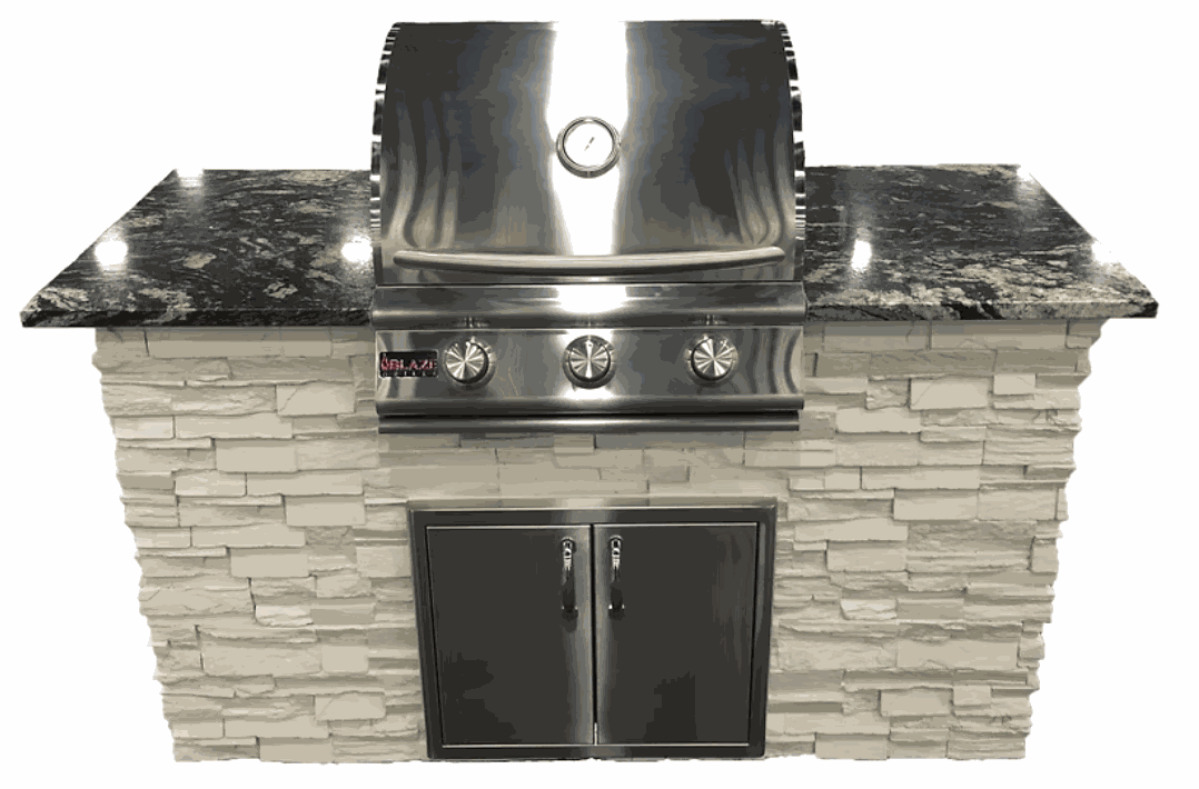 5-foot Outdoor Kitchen Deluxe Island with granite countertops, Blaze three-burner grill, and double stainless steel doors