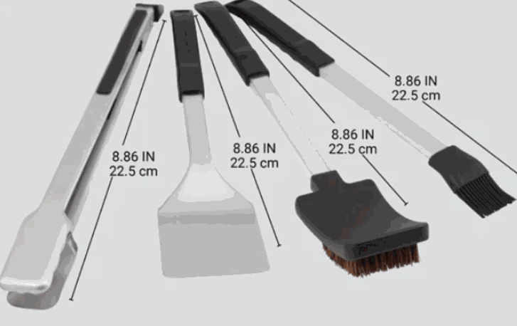 Grill tool kit set with tongs, spatula, grill brush, and basting brush for outdoor kitchen island bundle
