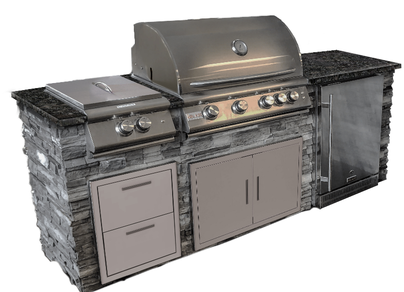 8' grill island with stainless steel built-in grill, side burner, double drawers, access doors, outdoor refrigerator, and granite countertop