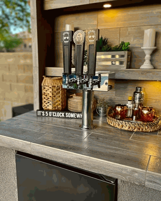 Fantasy Island 20'x20' outdoor media wall with kegerator taps and stylish bar lighting