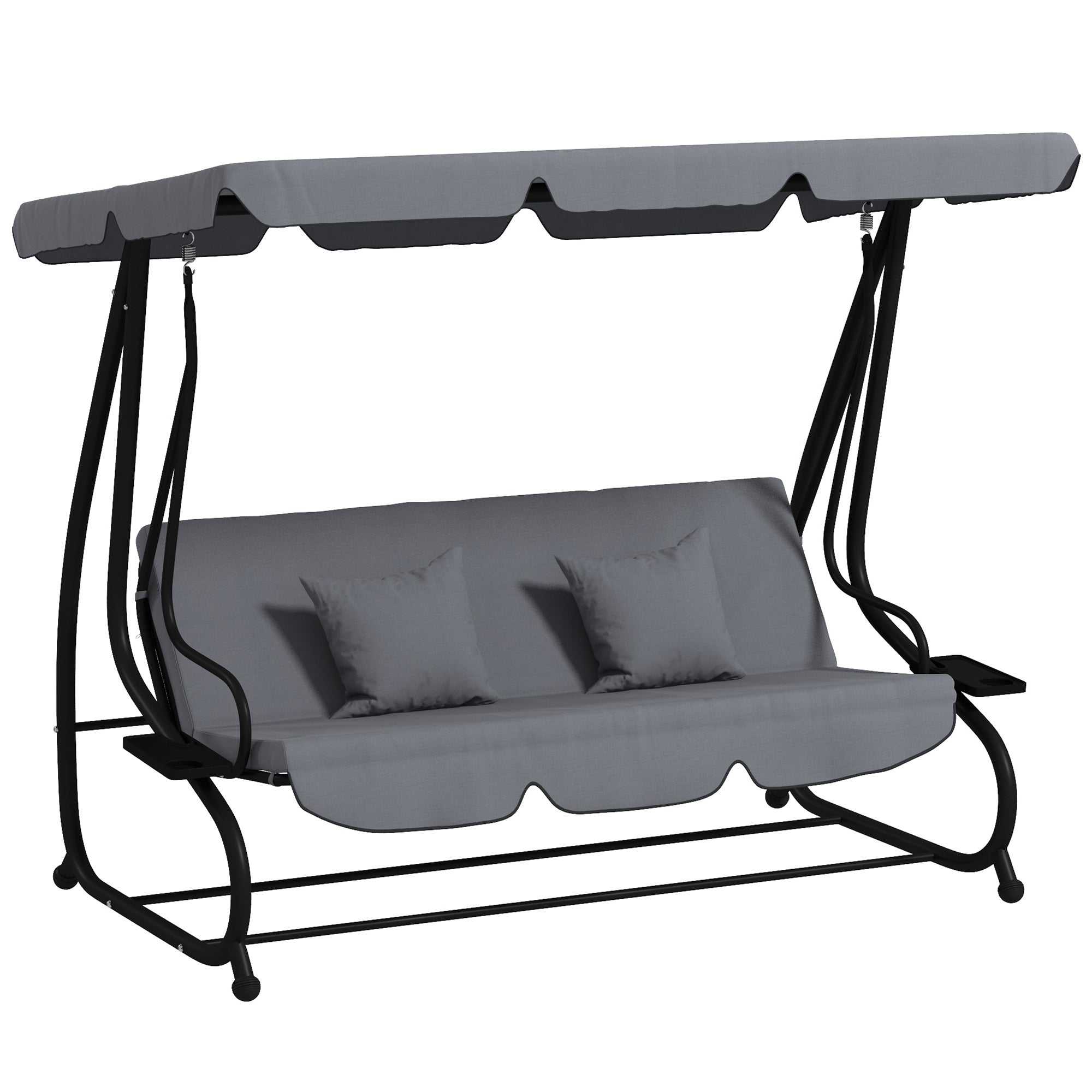 Dark gray free standing swing bench with adjustable canopy, cushions, pillows, and cup holders