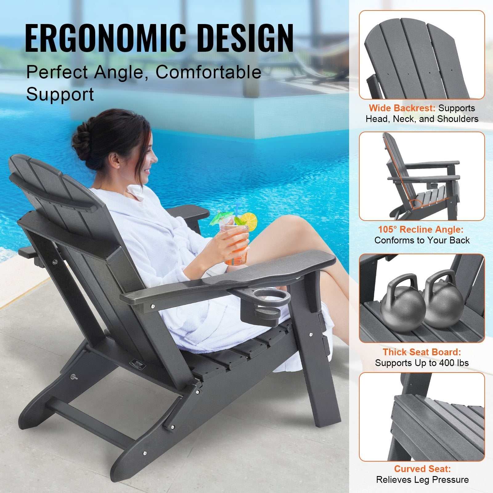 Set of 2 gray all-weather foldable Adirondack chairs made from durable HDPE plastic for outdoor use