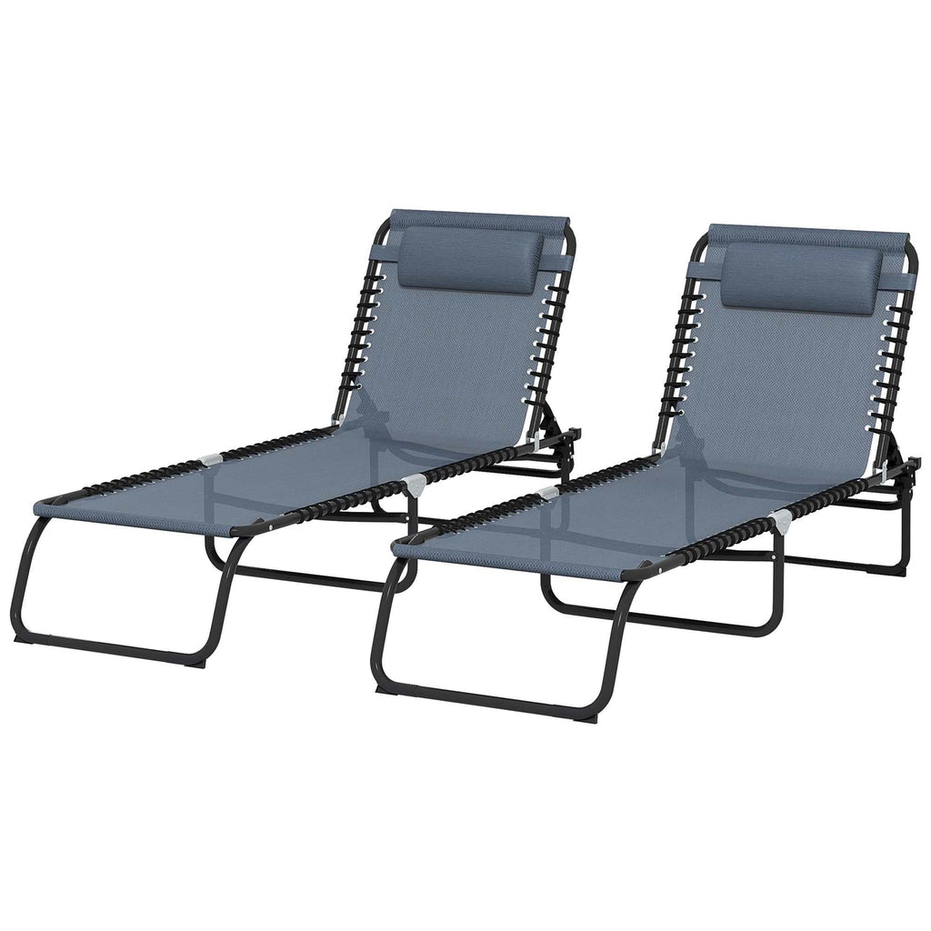 Gray folding chaise lounge pool chairs with adjustable reclining back and breathable mesh seats, set of 2