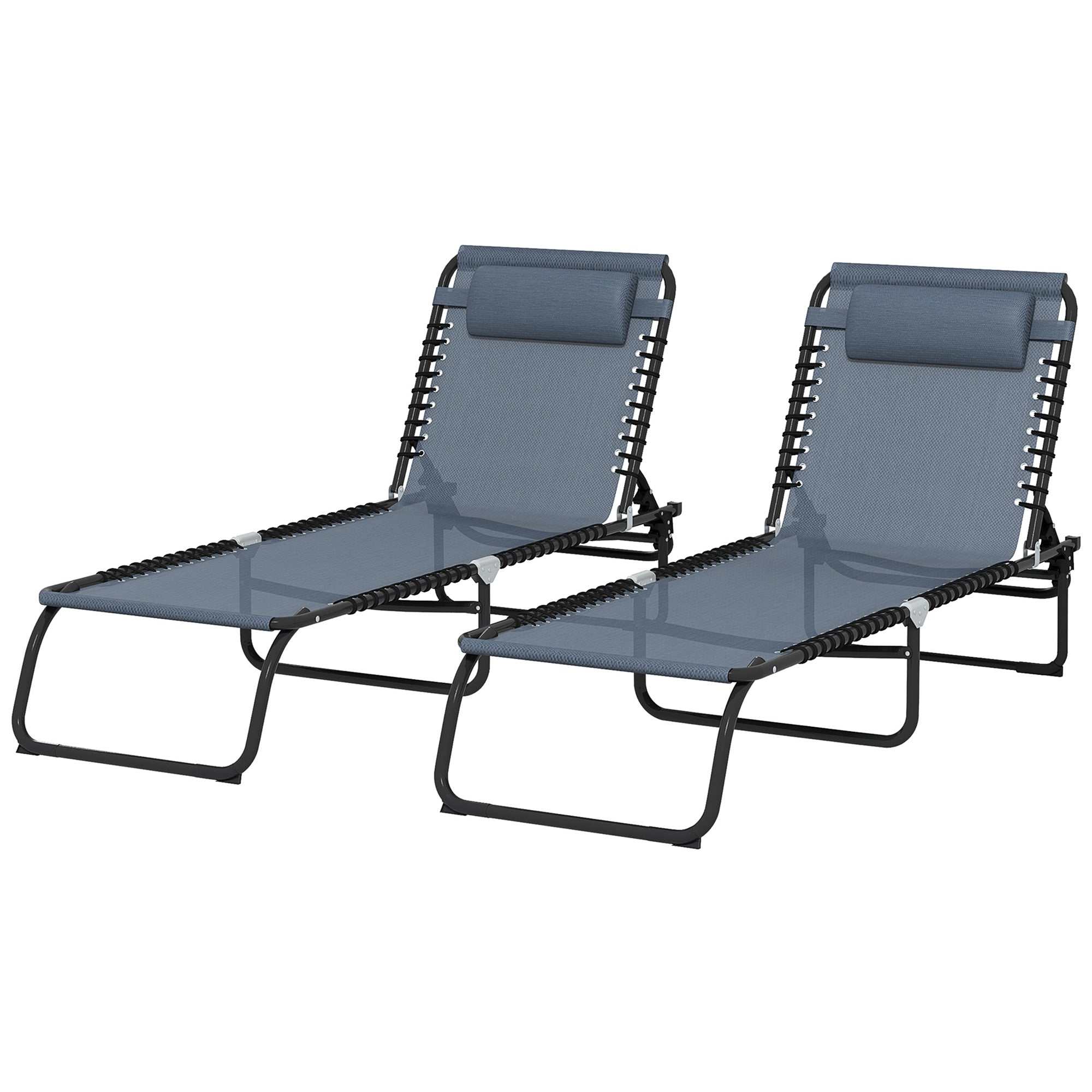 Gray folding chaise lounge pool chairs with adjustable reclining back and breathable mesh seats, set of 2