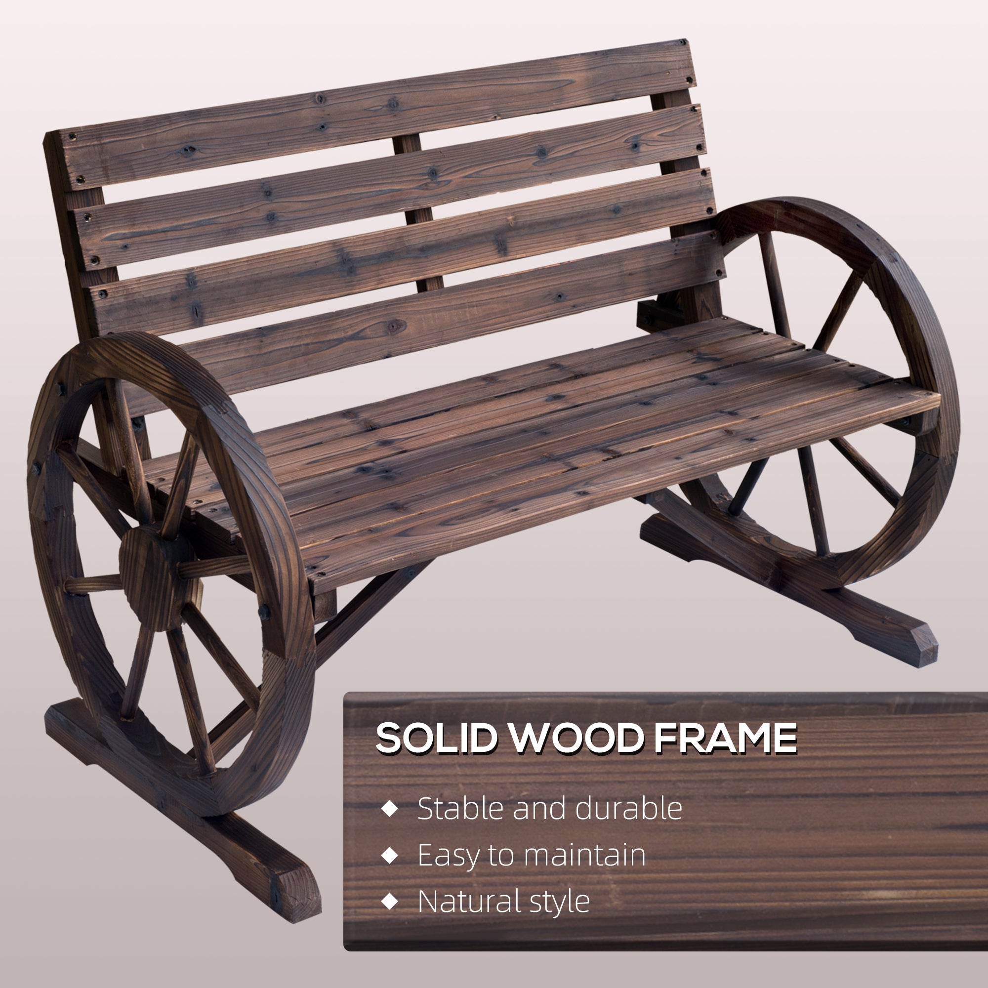 Carbonized wooden wagon wheel bench with slatted seat and backrest for two-person outdoor patio seating