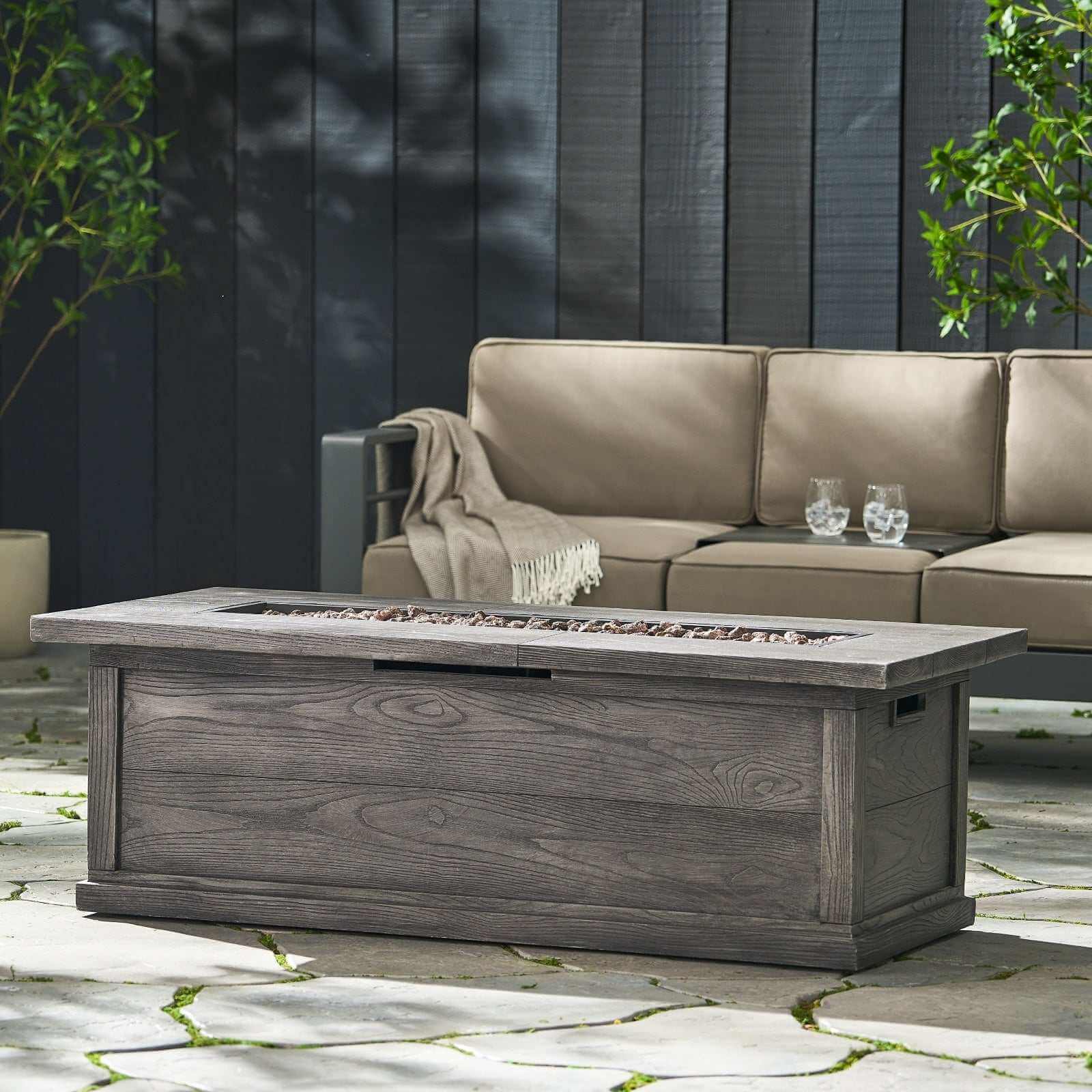 Patio Fire Pit Rectangular Wood Finish MGO Fire Table - 50,000 BT, Grey Backyard Brillance