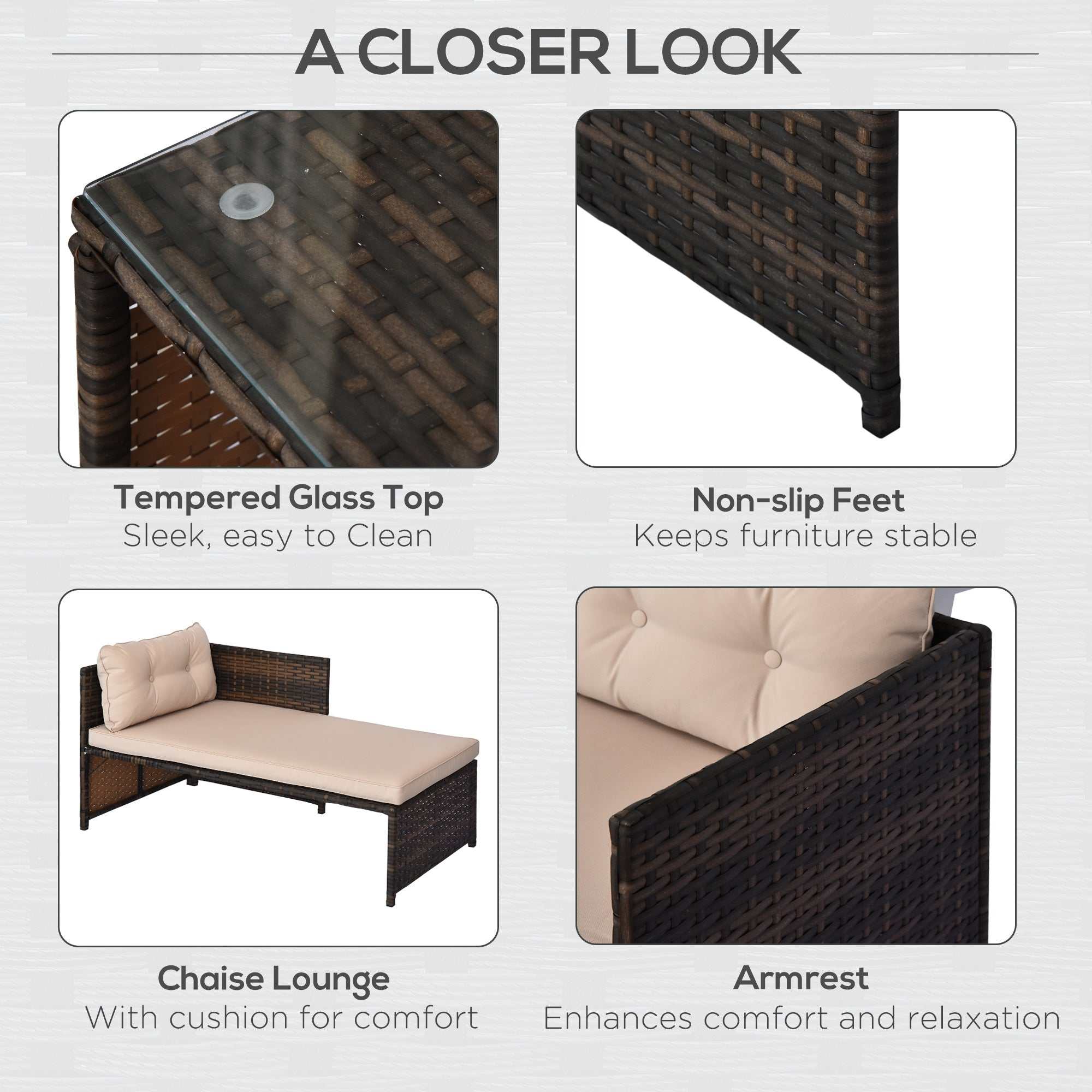 Beige 3 piece patio furniture set with rattan outdoor sofa, chaise lounge, loveseat, soft cushions, and tempered glass coffee table