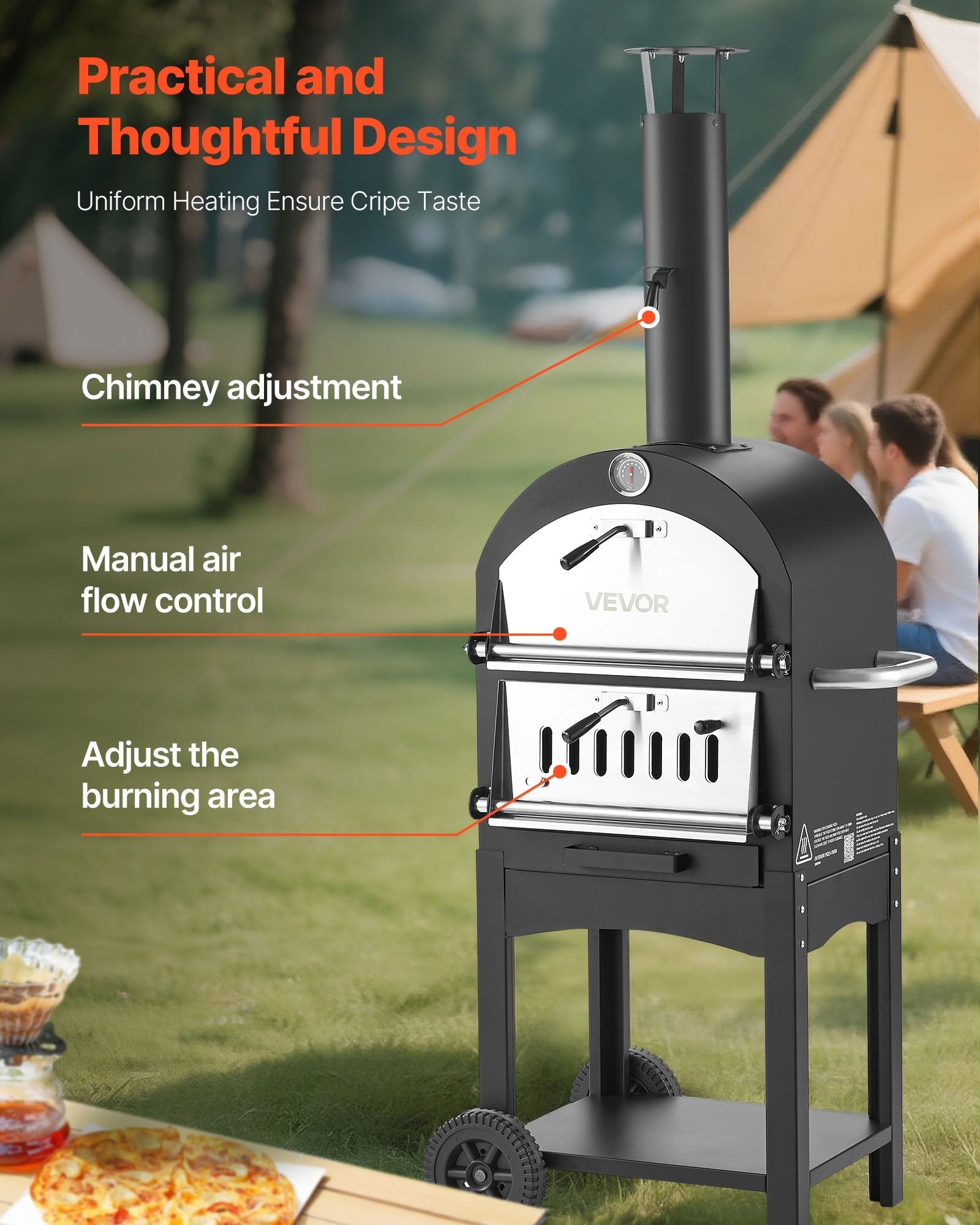 12-inch portable wood-fired pizza oven with wheels and built-in thermometer for outdoor cooking