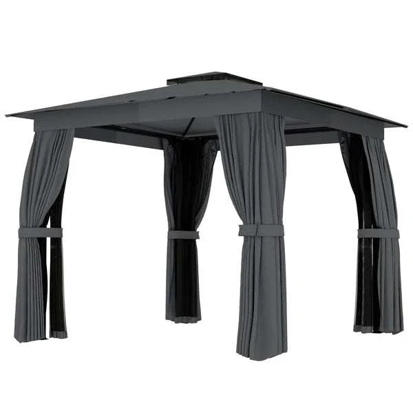 Modern black patio gazebo with double-tier UPF30+ roof, curtains, and steel frame outdoors