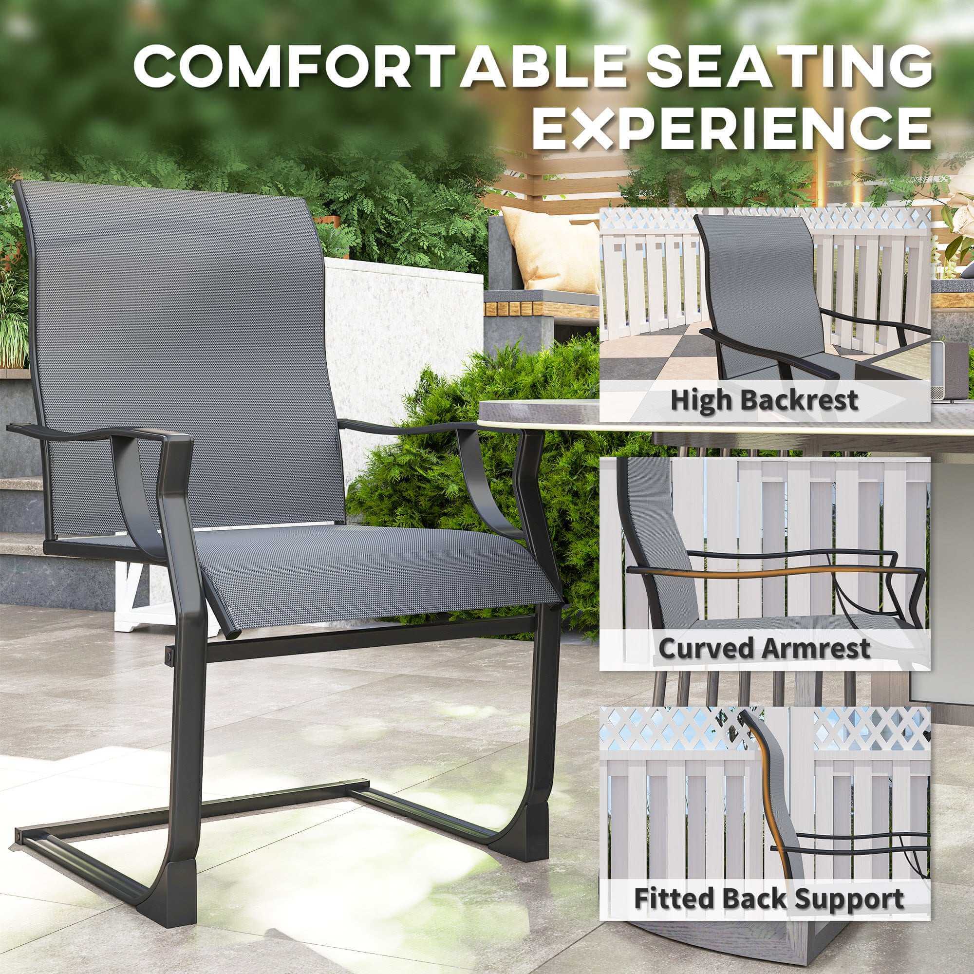 Patio Dining Chairs Set Of 2 With High Backrest, Armrest, Breathable Fabric & Metal Frame, 256LBS, Light Gray Backyard Brillance