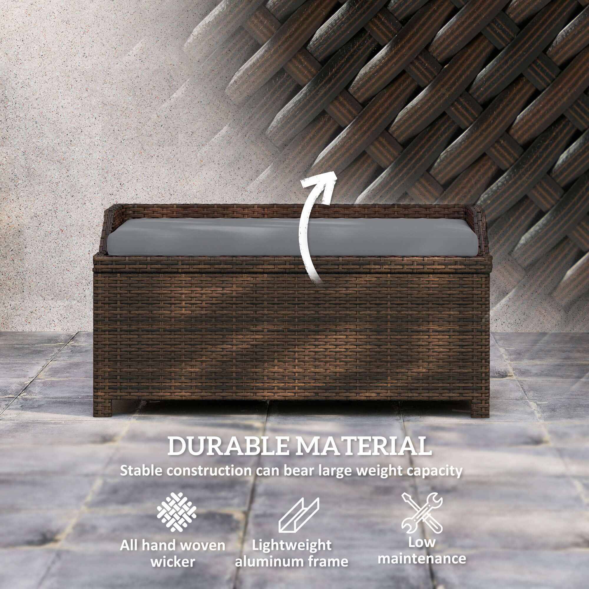 Gray cushioned outdoor wicker storage bench with hidden compartment and dark brown rattan frame
