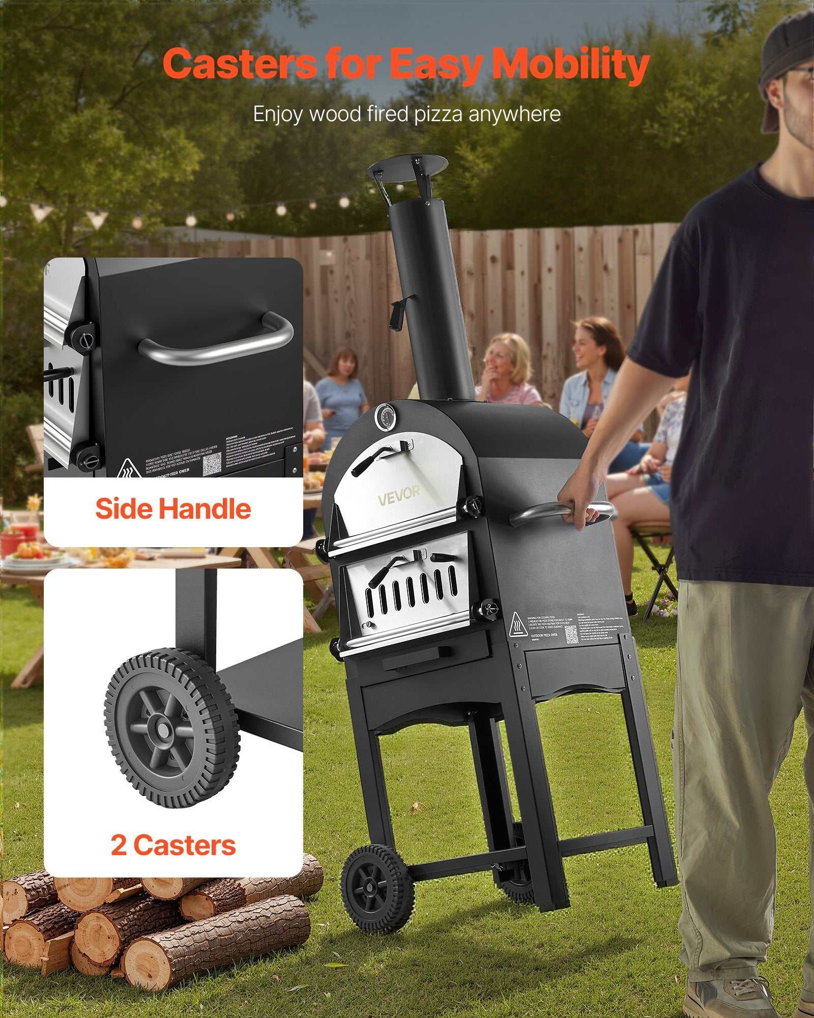 12-inch portable wood-fired pizza oven with wheels and built-in thermometer for outdoor cooking