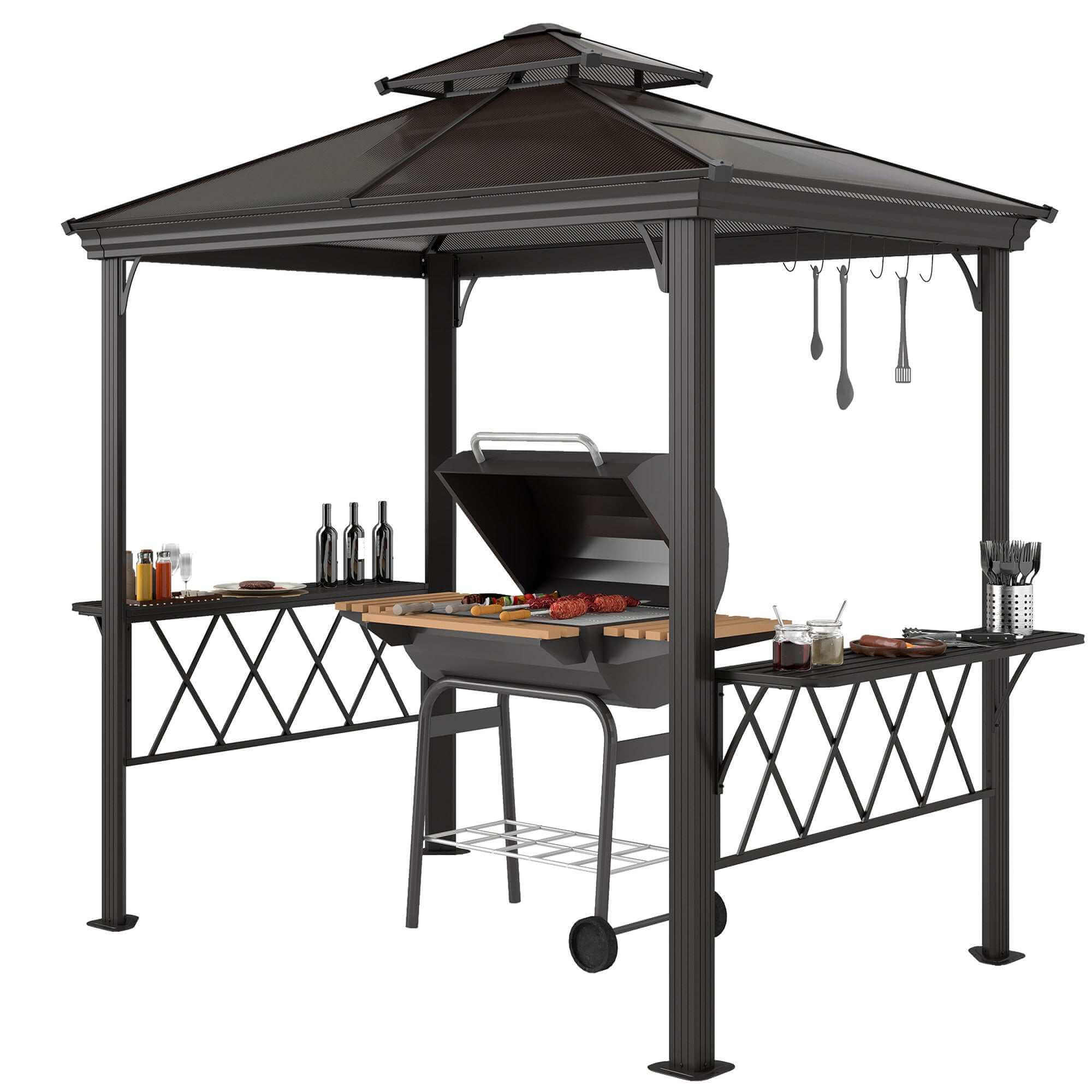 Outside Porch BBQ Cooking Pergola Canopy With 6 Hooks For Utensils And Double Venting Roof, Coffee Backyard Brillance