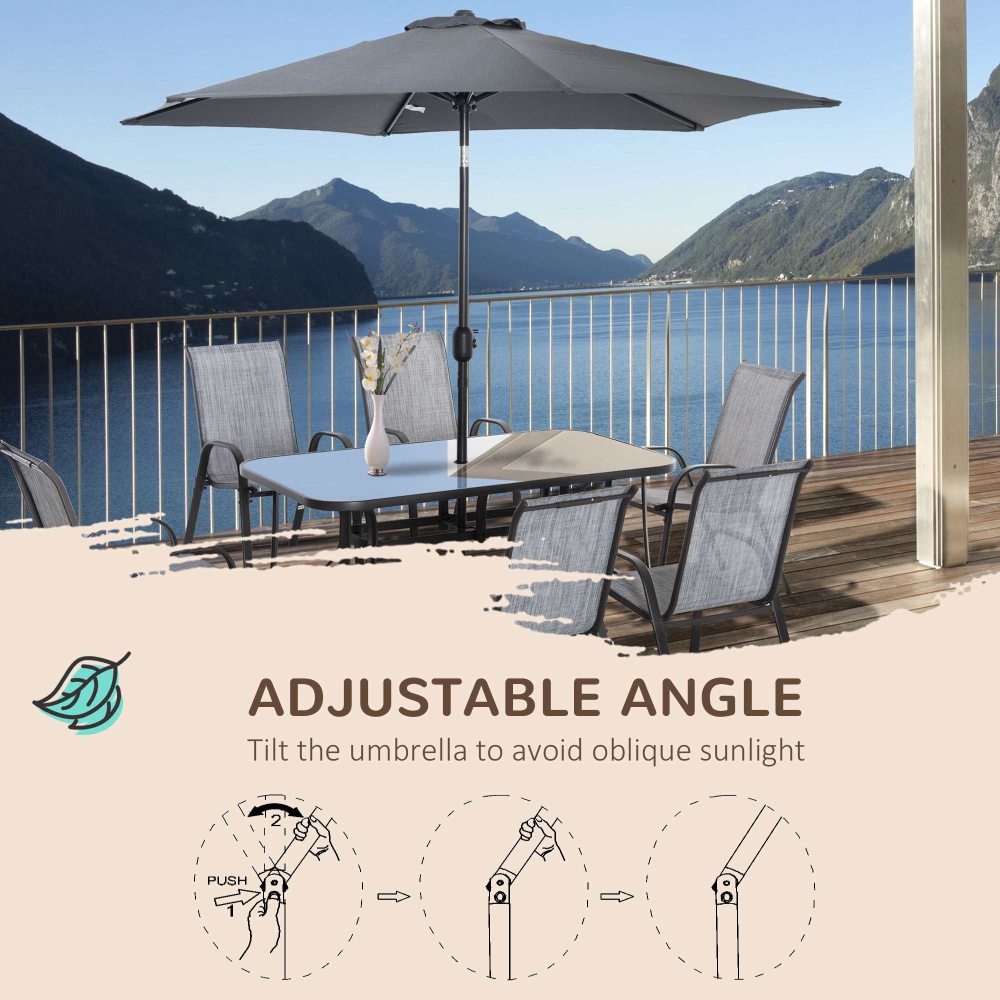 8-piece gray patio furniture set with 6 mesh chairs, tempered glass dining table, and 9-foot tilt umbrella for outdoor dining