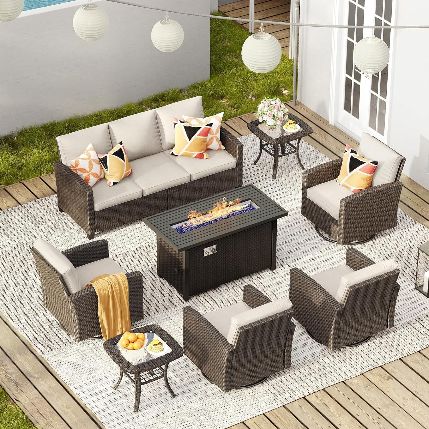 Eight Piece Outdoor Patio Furniture Set with Firepit ShipItFurniture