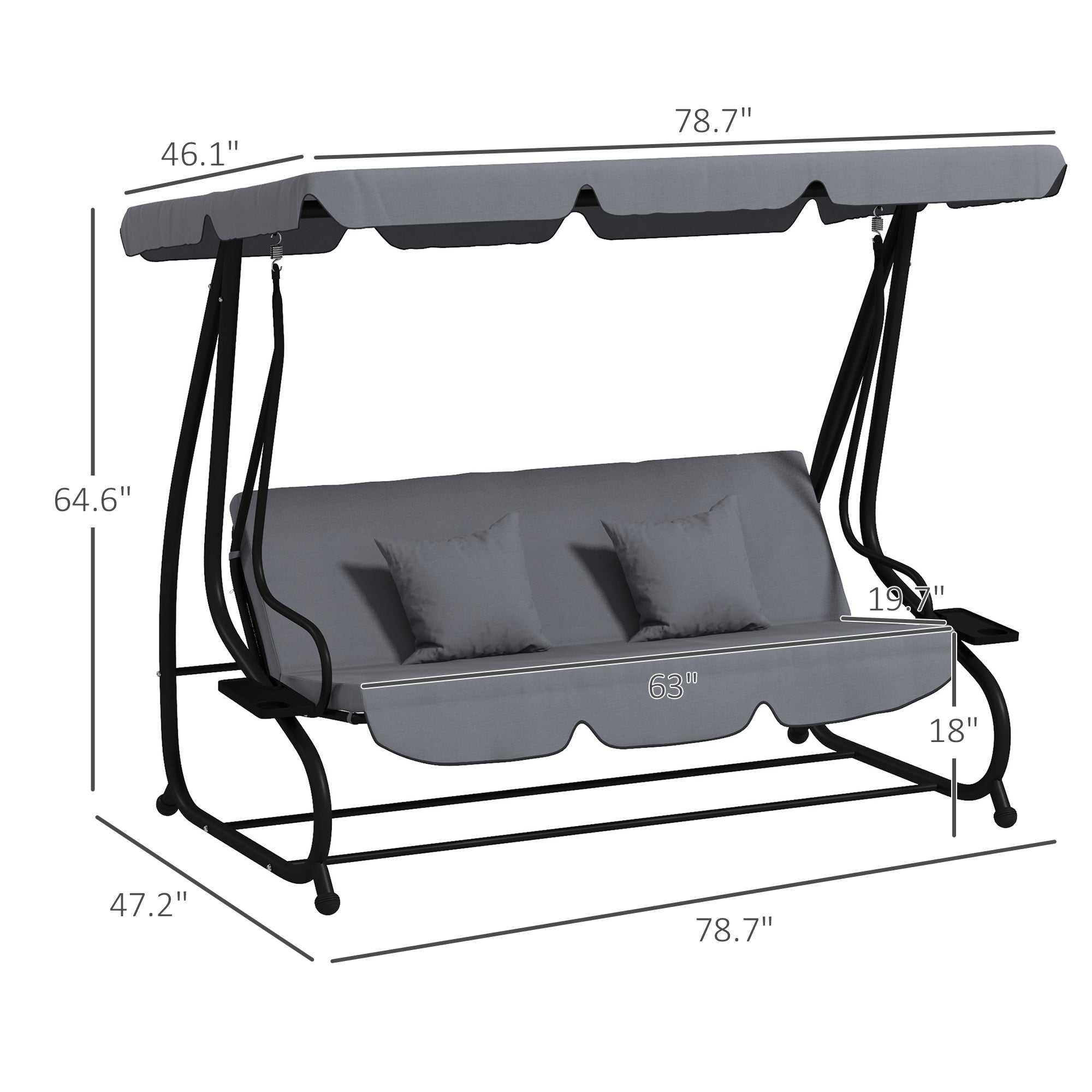 Dark gray free standing swing bench with adjustable canopy, cushions, pillows, and cupholders
