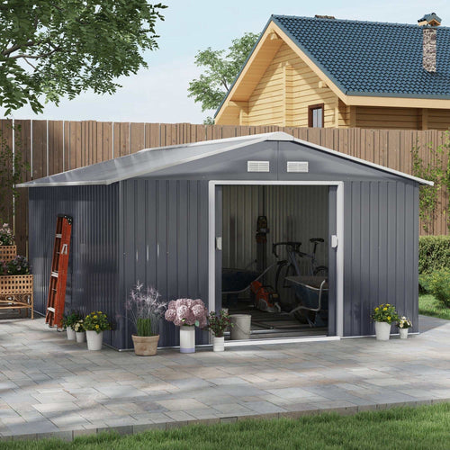 11' x 13' dark gray galvanized steel garden metal shed with double locking doors and ventilation vents for outdoor storage
