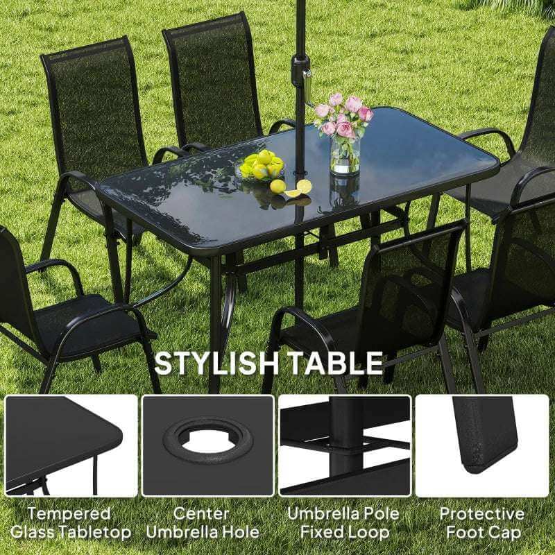 Black 8-piece patio furniture set with dining table, six chairs, and 9ft umbrella