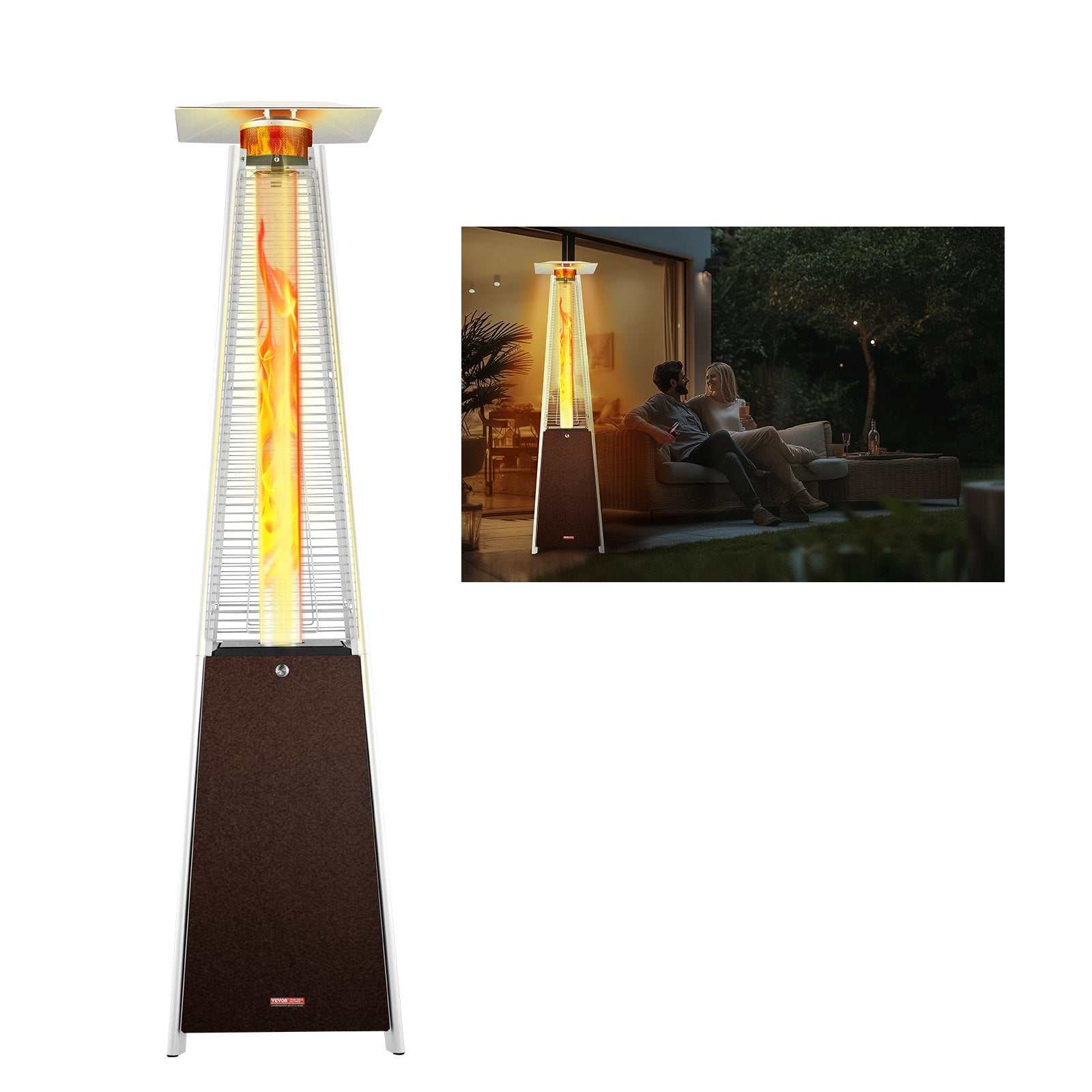 Bronze propane patio heater with 48000 BTU, pyramid design, wheels, and propane tank cover table