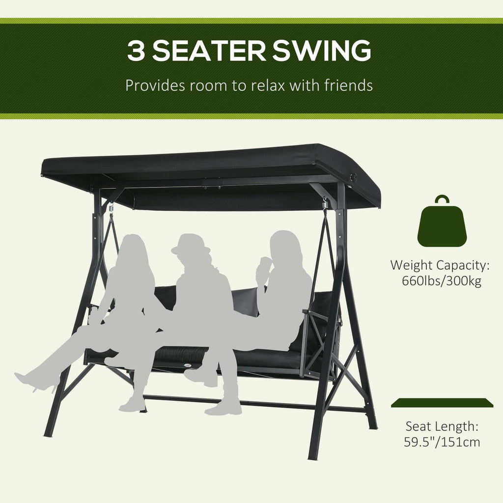 3-seat patio swing chair with cushion, throw pillows, and adjustable canopy in black