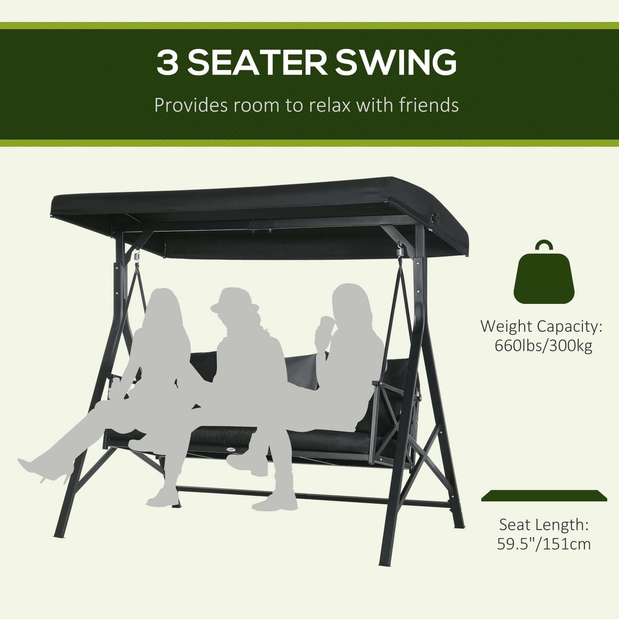 3-seat patio swing chair with cushion, throw pillows, and adjustable canopy in black