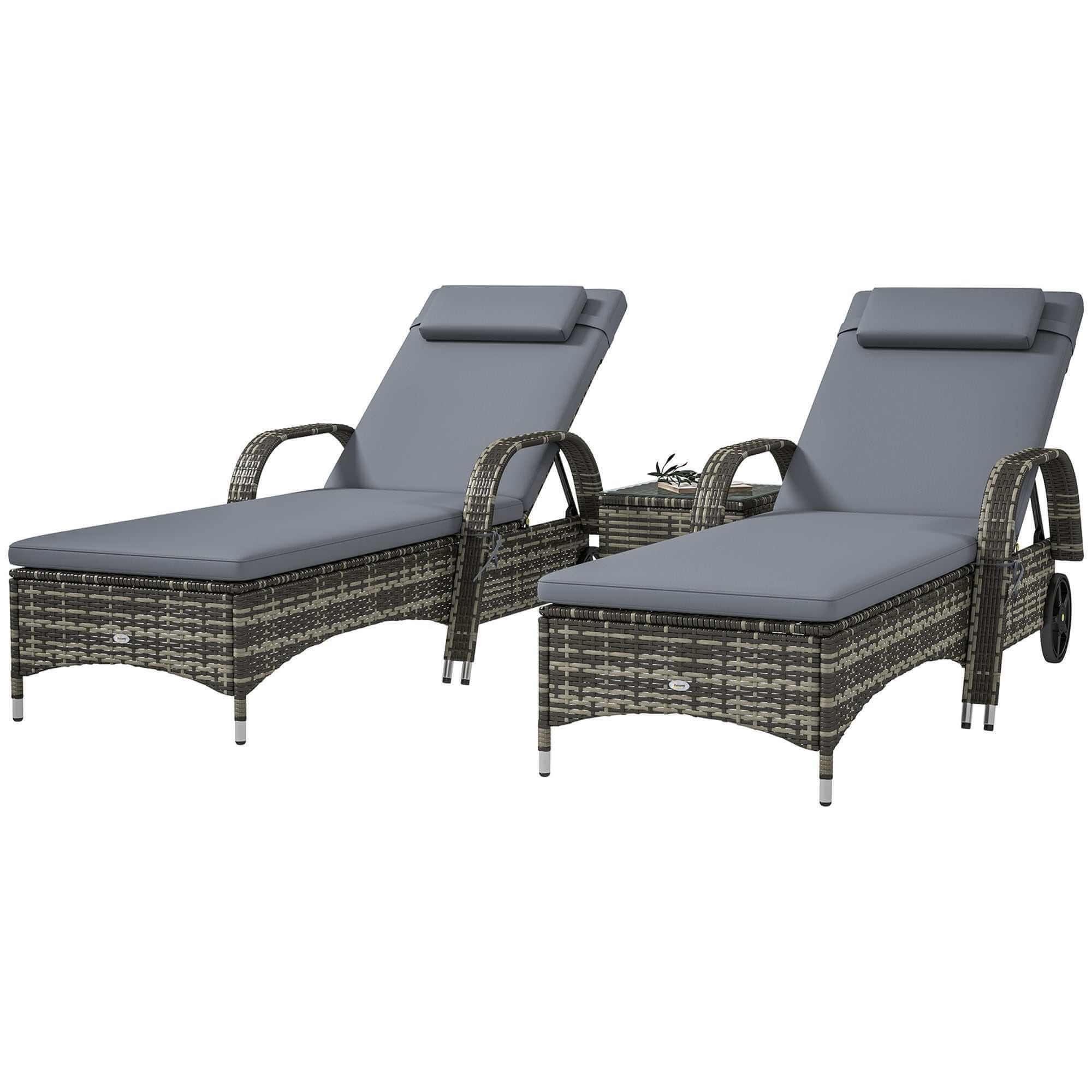 Patio Wicker Chaise Lounge Chair Set Of 2 With Table, Adjustable Backrest, Wheels, Cushion & Headrest, Gray Backyard Brillance
