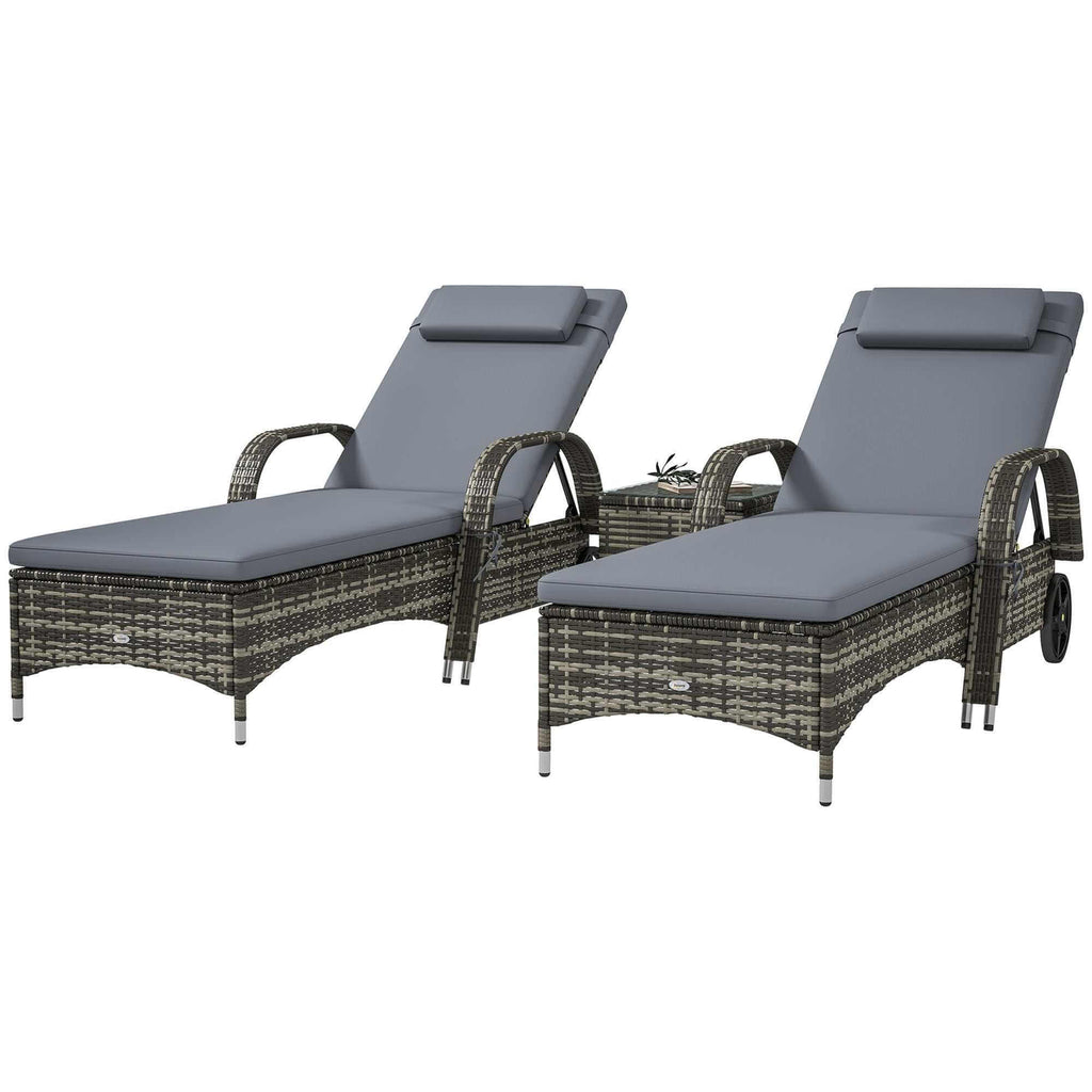 Patio Wicker Chaise Lounge Chair Set Of 2 With Table, Adjustable Backrest, Wheels, Cushion & Headrest, Gray Backyard Brillance