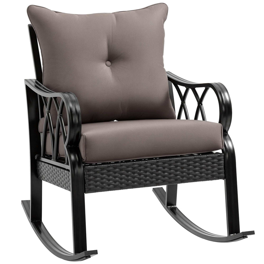 Gray outdoor wicker rocking chair with padded cushions and aluminum frame for patio and garden