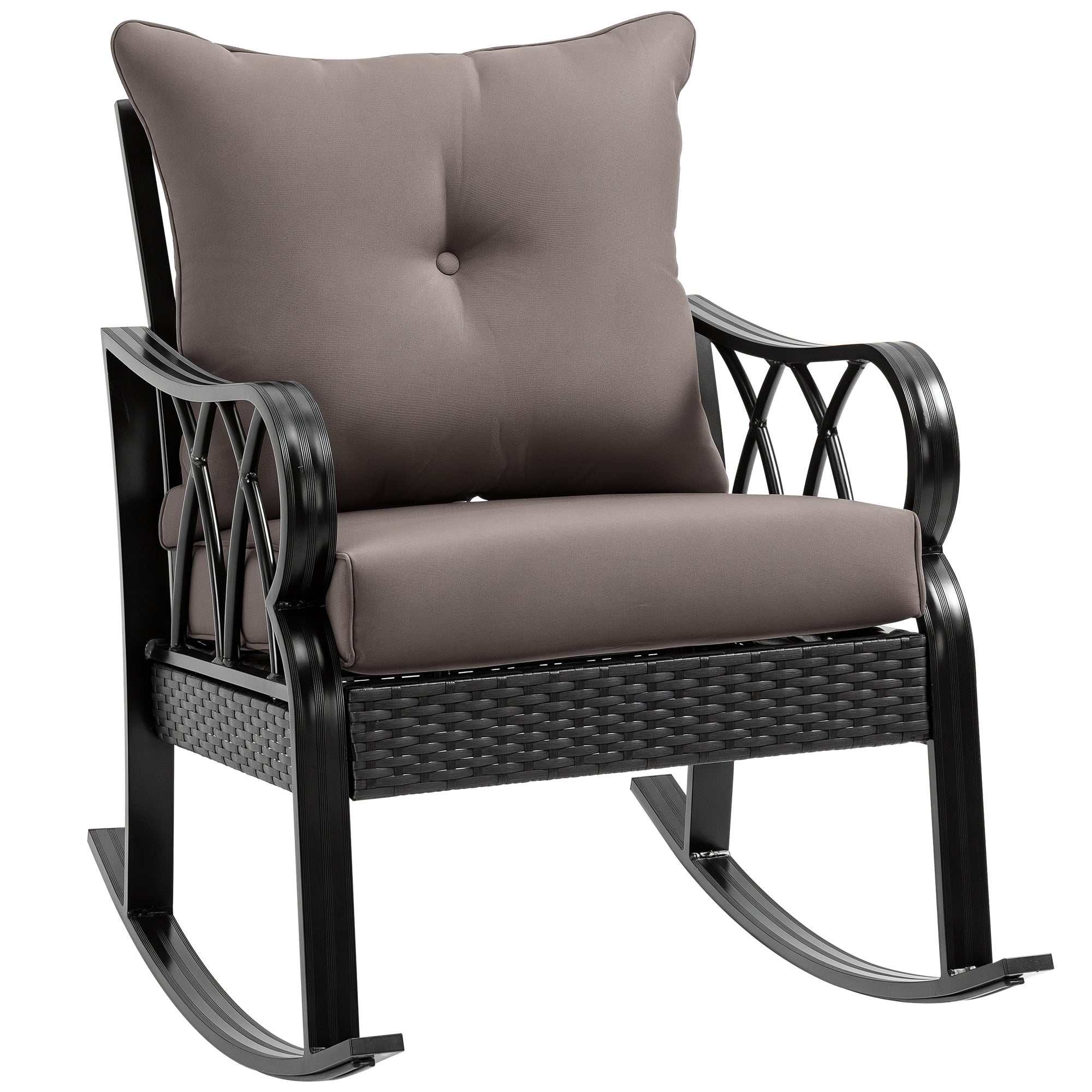 Gray outdoor wicker rocking chair with padded cushions and aluminum frame for patio and garden