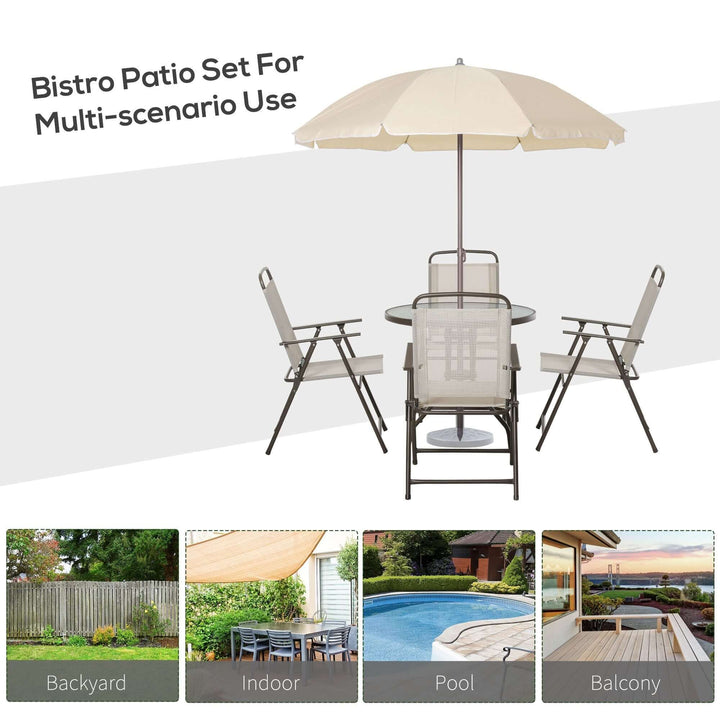 6-Piece Patio Dining Set With Umbrella, Folding Chairs &amp; Glass Table, Beige - Outdoor Meal Setup Backyard Brillance