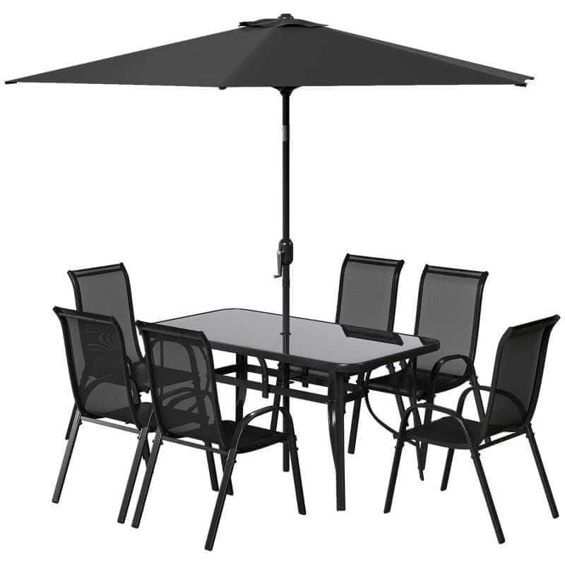 8-piece black patio furniture set with dining table, six mesh chairs, and 9ft tiltable umbrella