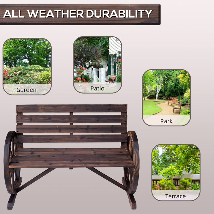 41" carbonized wooden wagon wheel bench with slatted seat and backrest for two-person outdoor patio seating