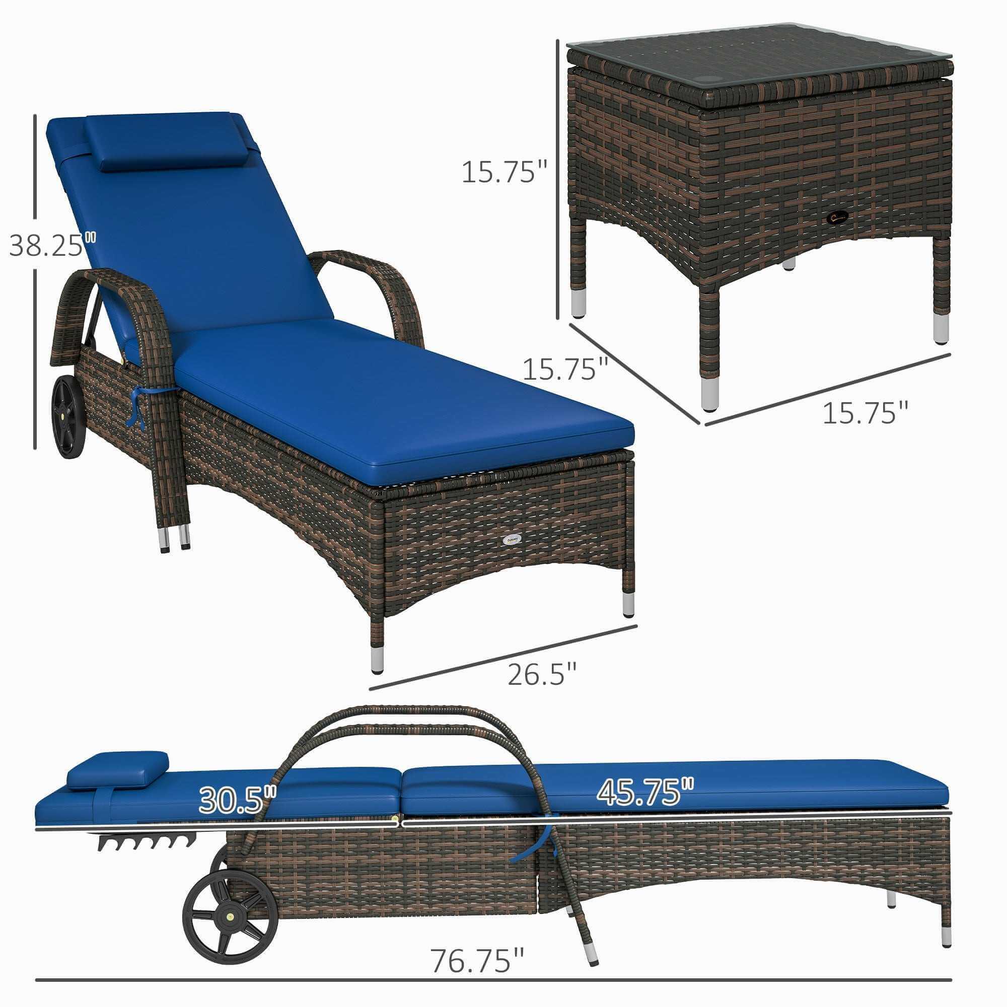 Patio Wicker Chaise Lounge Chair Set Of 2 With Table, Adjustable Backrest, Wheels, Cushion & Headrest, Blue Backyard Brillance