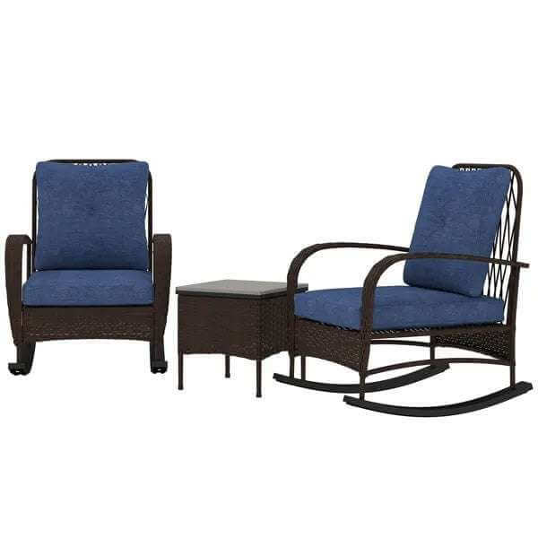 Gray and brown rattan chaise lounge chair with blue cushions and matching wicker patio side table set