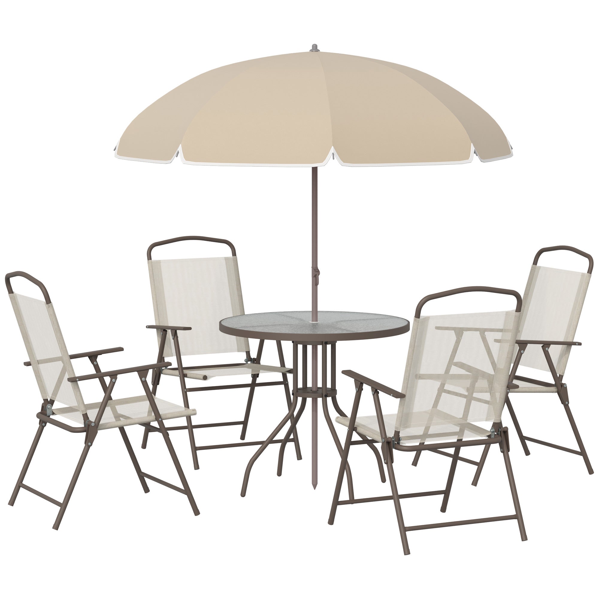 6-Piece Patio Dining Set With Umbrella, Folding Chairs & Glass Table, Beige - Outdoor Meal Setup Backyard Brillance